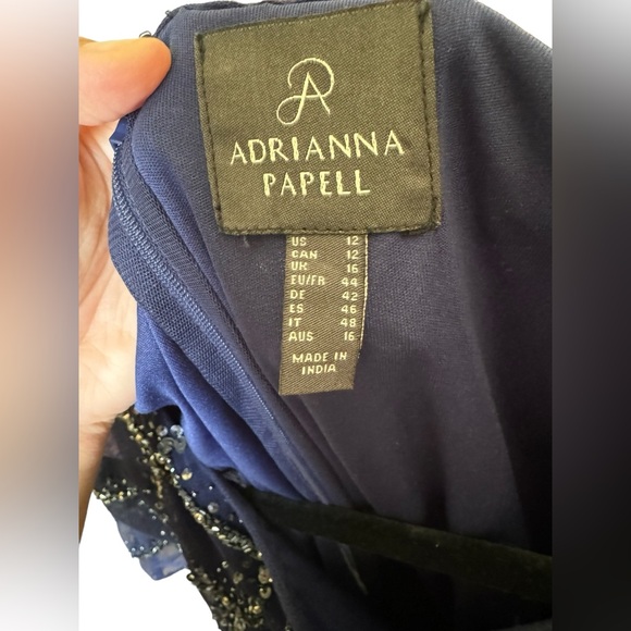 Adrianna Papell HAND-BEADED BLOUSON LONG GOWN WITH FLUTTER SLEEVES IN LIGHT NAVY - Picture 10 of 16